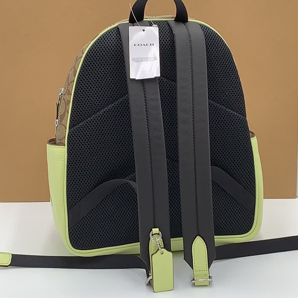 COACH NWT COURT BACKPACK IN SIGNATURE CANVAS KHAKI PALE LIME COLOR - Picture 3 of 16